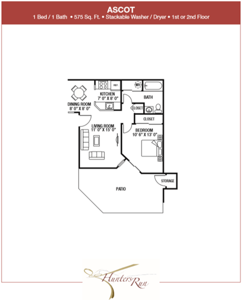 Floor plan for 1 bed, 1 bath, 575 sqft